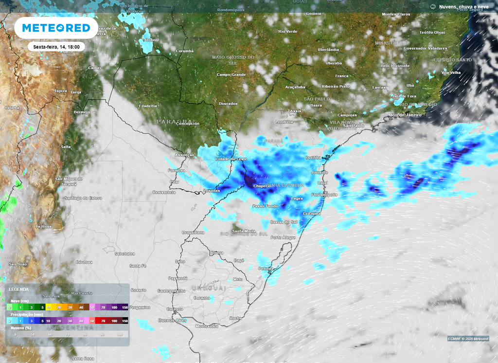 Precipitação e nebulosidade. O mapa mostra tempo fechado e chuvas espalhadas pela Região Sul nesta sexta-feira (14).