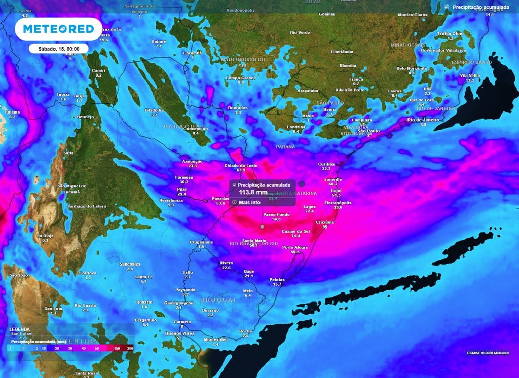 Precipitação acumulada. Mapa de precipitação acumulada até o final da semana. Previsão indica volumes superiores aos 100 mm no Rio Grande do Sul.