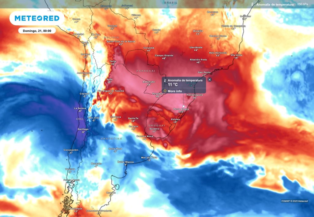 Previsão de anomalia de temperatura neste domingo (21), de acordo com o ECMWF.