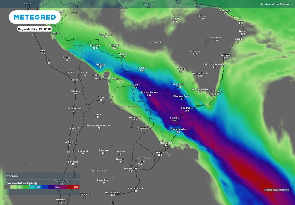 Previsão de rio atmosférico nesta segunda-feira (22).