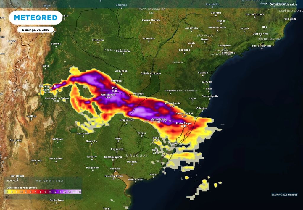 Previsão de tempestades na madrugada do domingo (21), de acordo com o ECMWF.