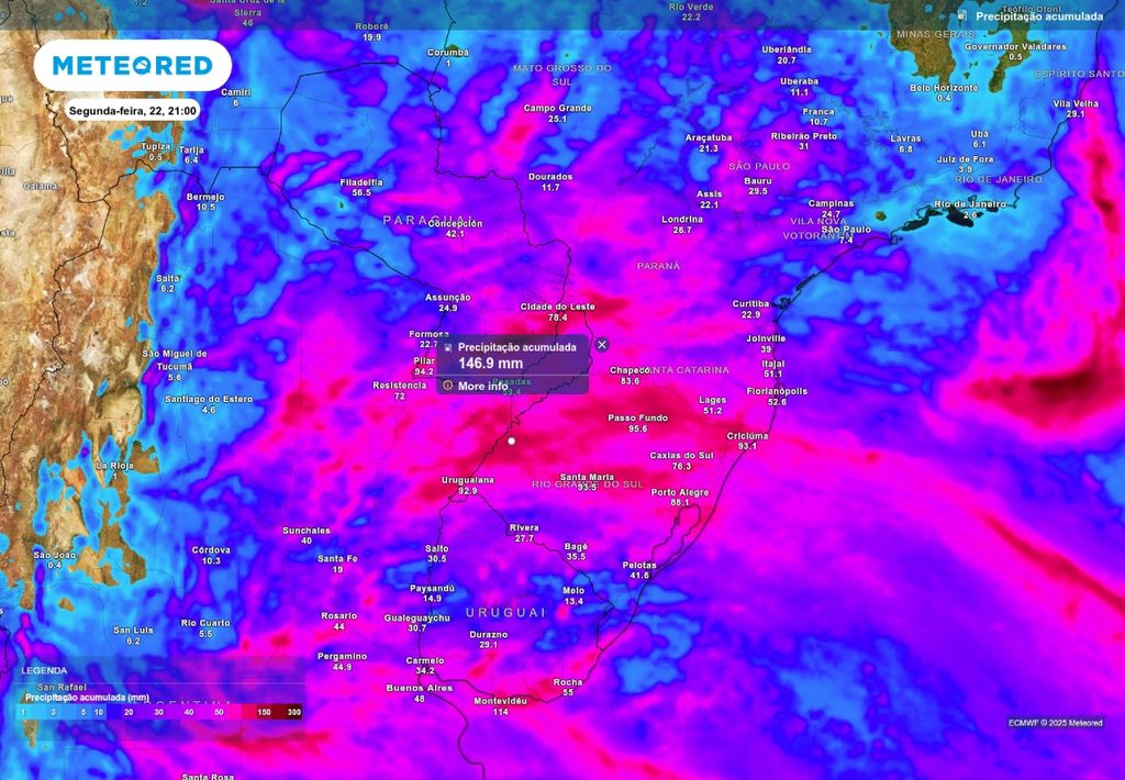 Previsão de chuva acumulada até segunda-feira (22), de acordo com o ECMWF.