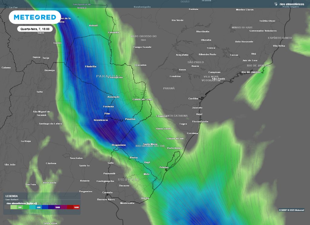 Rio atmosférico se intensifica sobre o Sul do Brasil elevando as chances de tempestades severas.