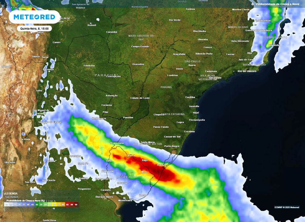 Mapa de probabilidade de precipitação para a tarde de quinta-feira (08), segundo o modelo ECMWF.