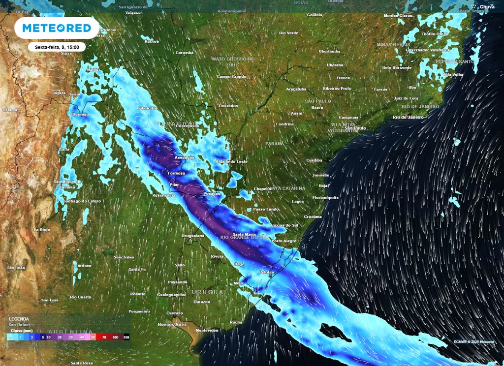 Mapa de precipitação prevista para a tarde de sexta-feira (09).