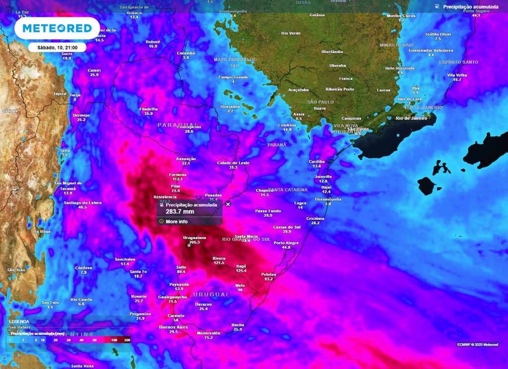 Previsão do acumulado de chuva entre a terça-feira (06) e sábado (10).