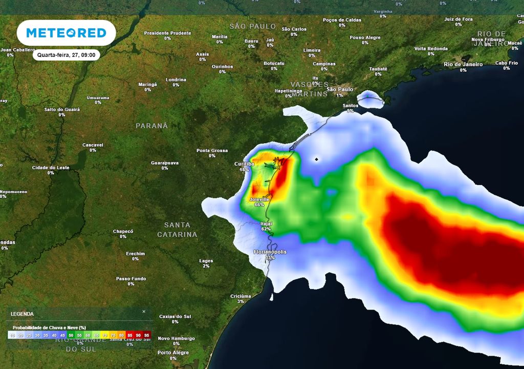 Previsão de probabilidade de chuva na quarta-feira durante a manhã.