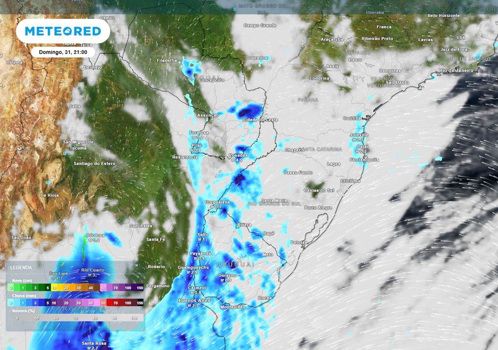 Previsão de nebulosidade e chuvas no domingo de noite.