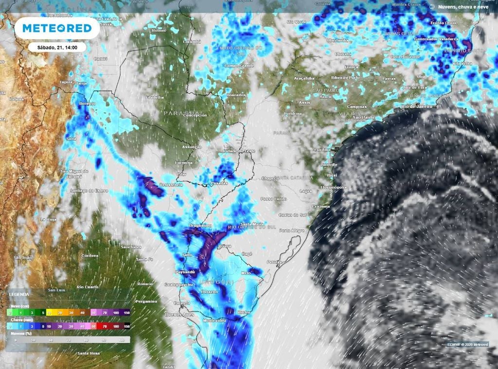 Previsão de precipitação (em mm) e nebulosidade para sábado (21) à tarde (14h), segundo o modelo europeu ECMWF.