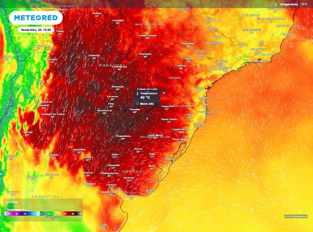 Previsão de temperatura máxima do ar (em °C) na sexta-feira (20) à tarde (15h).