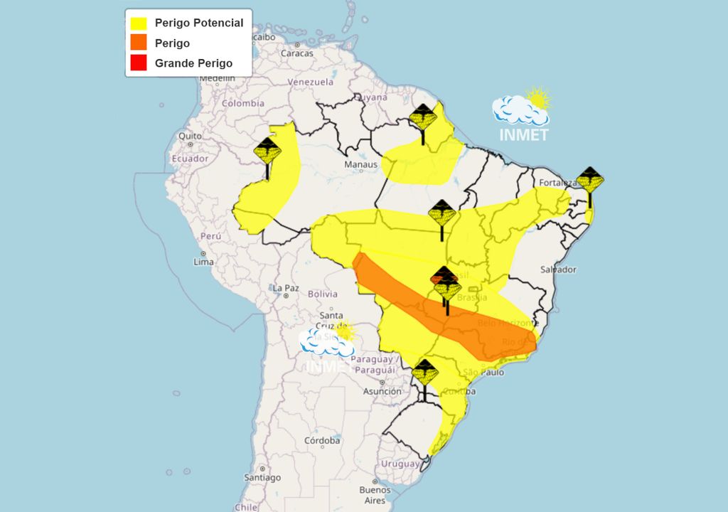 Mapa de avisos emitidos pelo INMET nesta terça-feira.
