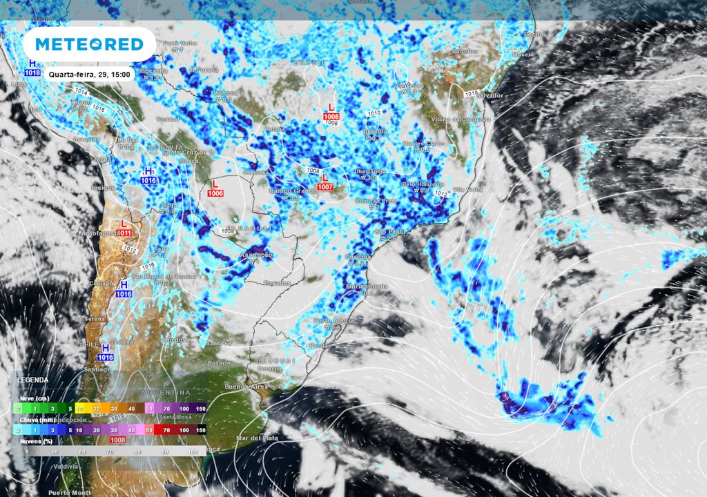 Previsão de nebulosidade, chuva e pressão atmosférica nesta quarta-feira durante a tarde.