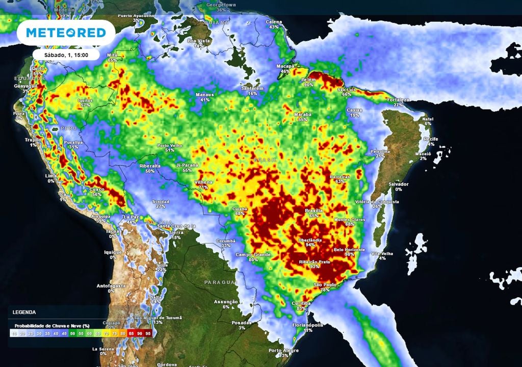 Previsão de probabilidade de chuva no sábado durante a tarde.
