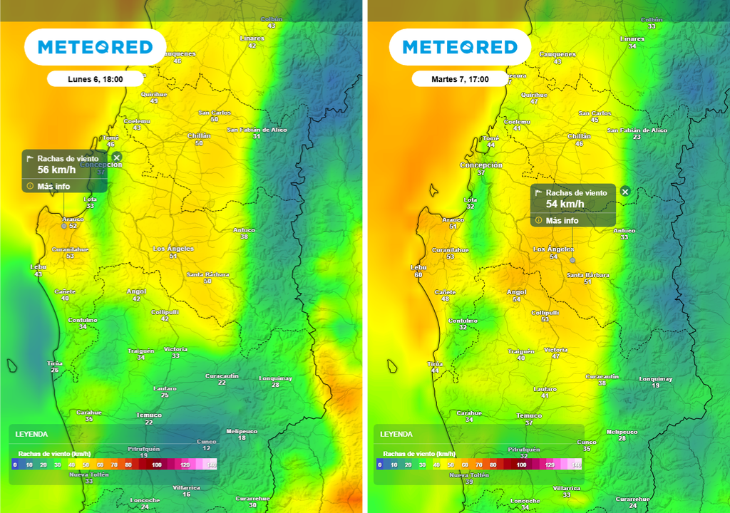 Lunes (06) y martes (07) de octubre con rachas de viento de hasta 60 km/h en la Región de Biobío, Meteored, Chile