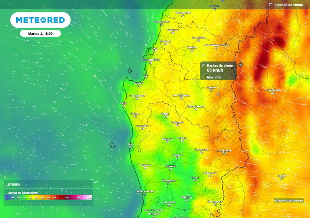 Sistema frontal en Chile centro sur, Meteored Rachas de viento (km/h) para la tarde del martes 03 de febrero 2026 en las regiones de Ñuble, Biobío y La Araucanía.