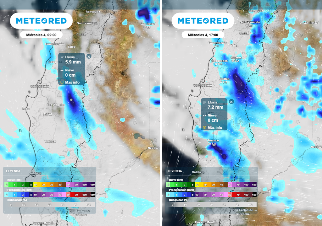 Sistema frontal en Chile centro sur, Meteored Precipitación (mm) para la madrugada -imagen izquierda- y tarde -imagen derecha- del miércoles 04 de febrero 2026 en Chile centro sur.