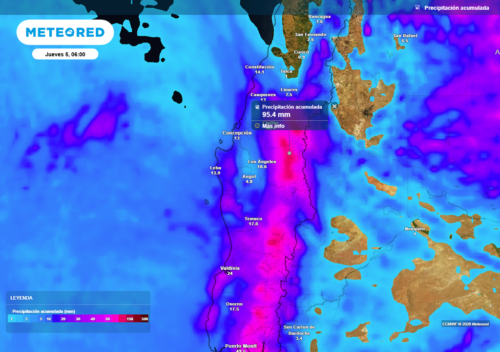 Sistema frontal en Chile centro sur, Meteored Precipitación acumulada (mm) hasta la mañana del jueves 05 de febrero 2026 en Chile centro sur.