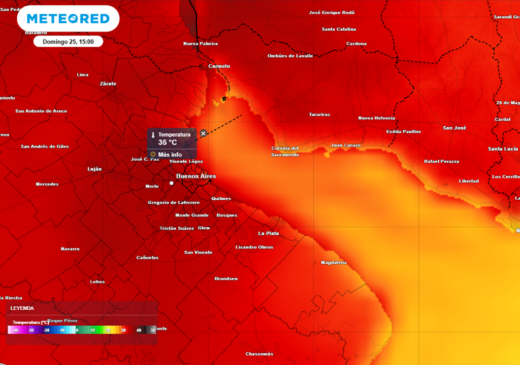 Mapa con la simulación de las temperaturas máximas para la tarde del domingo 25 de enero, con altas probabilidades de consolidar una nueva ola de calor en el AMBA. Modelo: ECMWF.