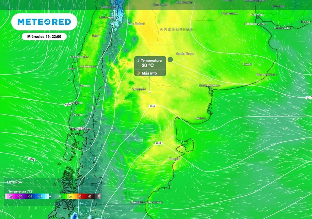 Temperatura Patagonia Durante el miércoles 19 el contraste de temperatura será muy marcado entre el sur y el norte de la Patagonia. Algunos sectores del alto valle y valle medio del río Negro podrán rondar los 20 ºC.