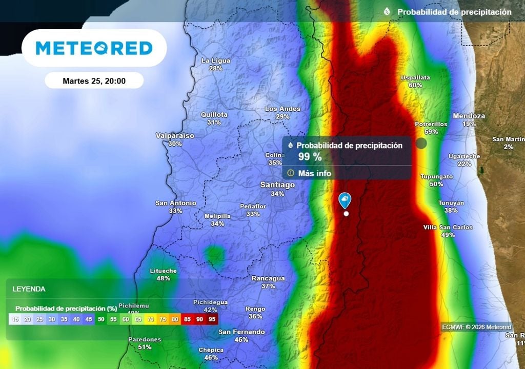 Probabilidad Hacia sectores de la cordillera metropolitana las lluvias están practicamente confirmadas el próximo martes: en Santiago aún la probabilidad no es elevada.
