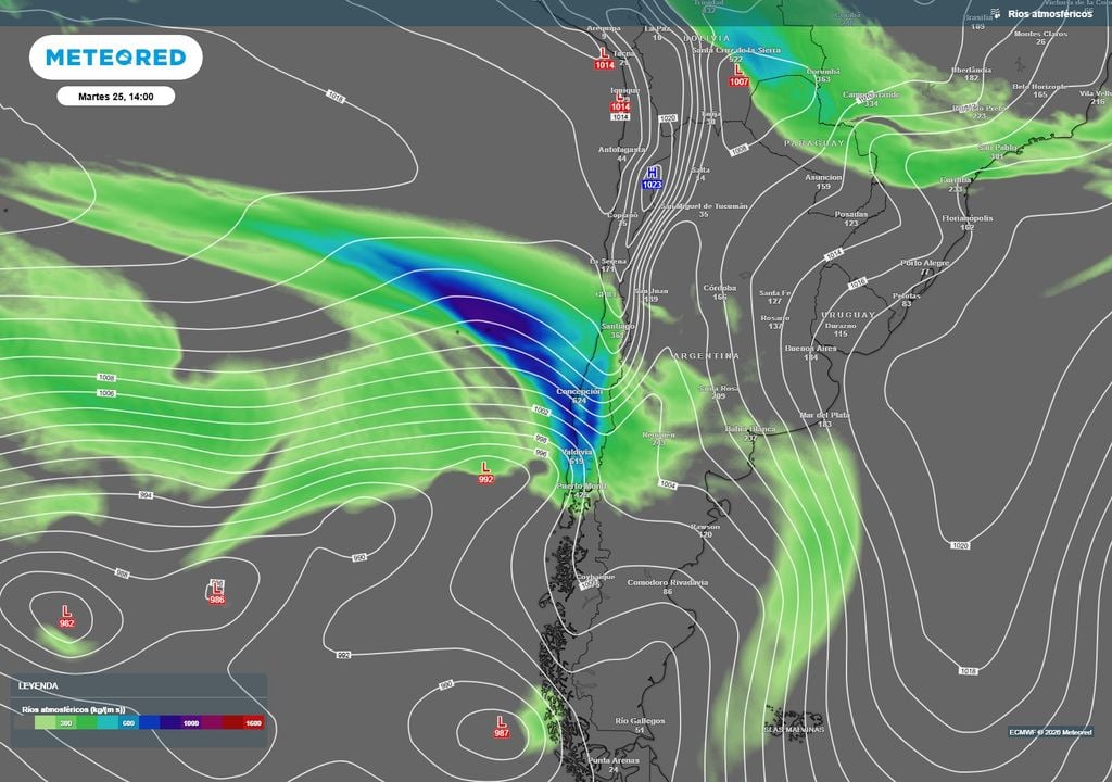 mapa río atmosférico. Las precipitaciones tendrán mayor potencial debido a la presencia de un amplio e intenso río atmosférico en el centro del país.