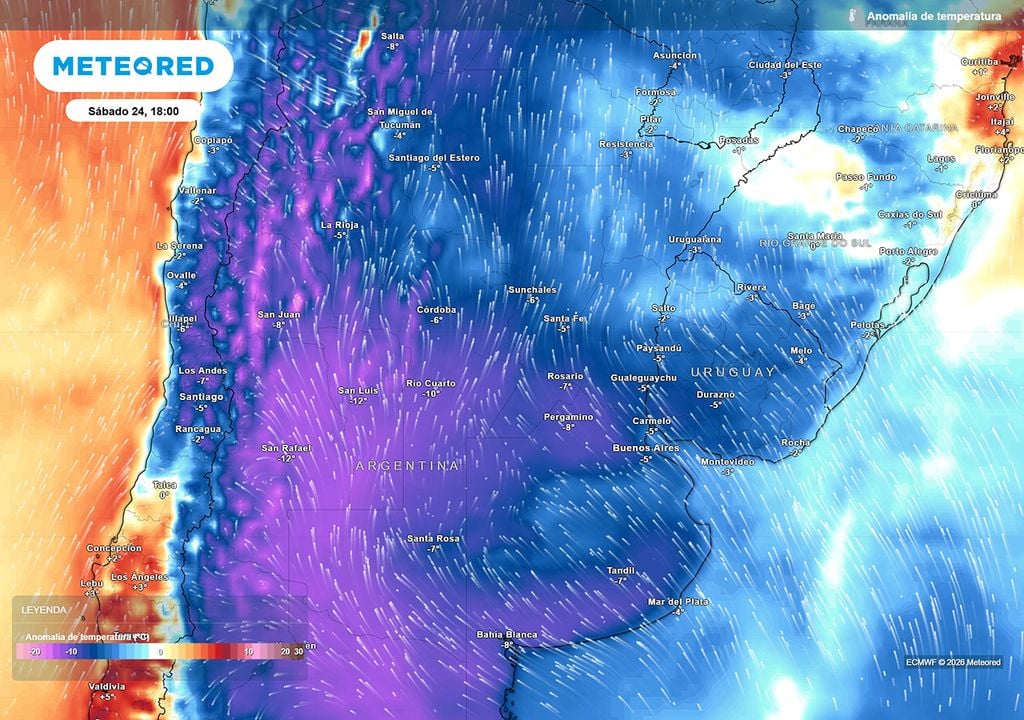 Pronóstico, Clima, Tiempo, Argentina Anomalía de temperatura prevista para el próximo sábado según el modelo ECMWF