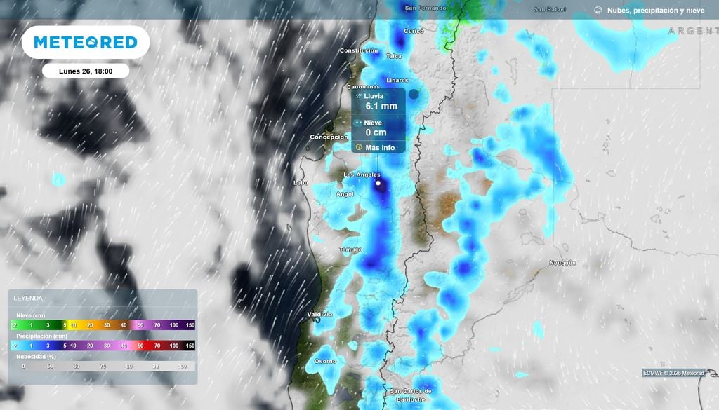 Precipitación (mm) para la noche del lunes (26) en Chile centro-sur.