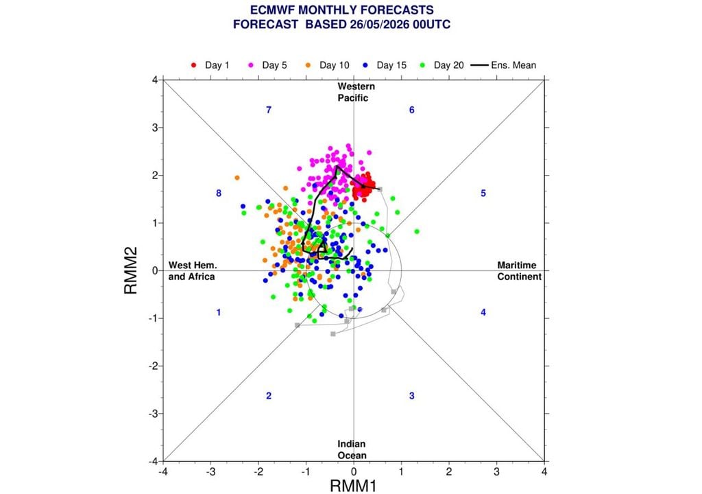 Las proyecciones del modelo ECMWF muestran la oscilación activa en sus fases húmedas (7, 8 y 1) con una amplitud superior a 1, favoreciendo el aporte de humedad hacia el territorio nacional durante la primera quincena de junio.