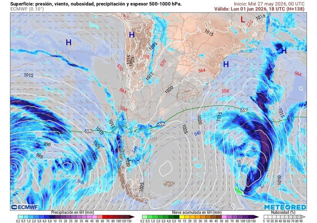 El primer sistema frontal arribaría el lunes 1 de junio; debido a la cercanía temporal del pronóstico, ambos modelos globales coinciden en que este pulso afectará principalmente al centro-sur del país.