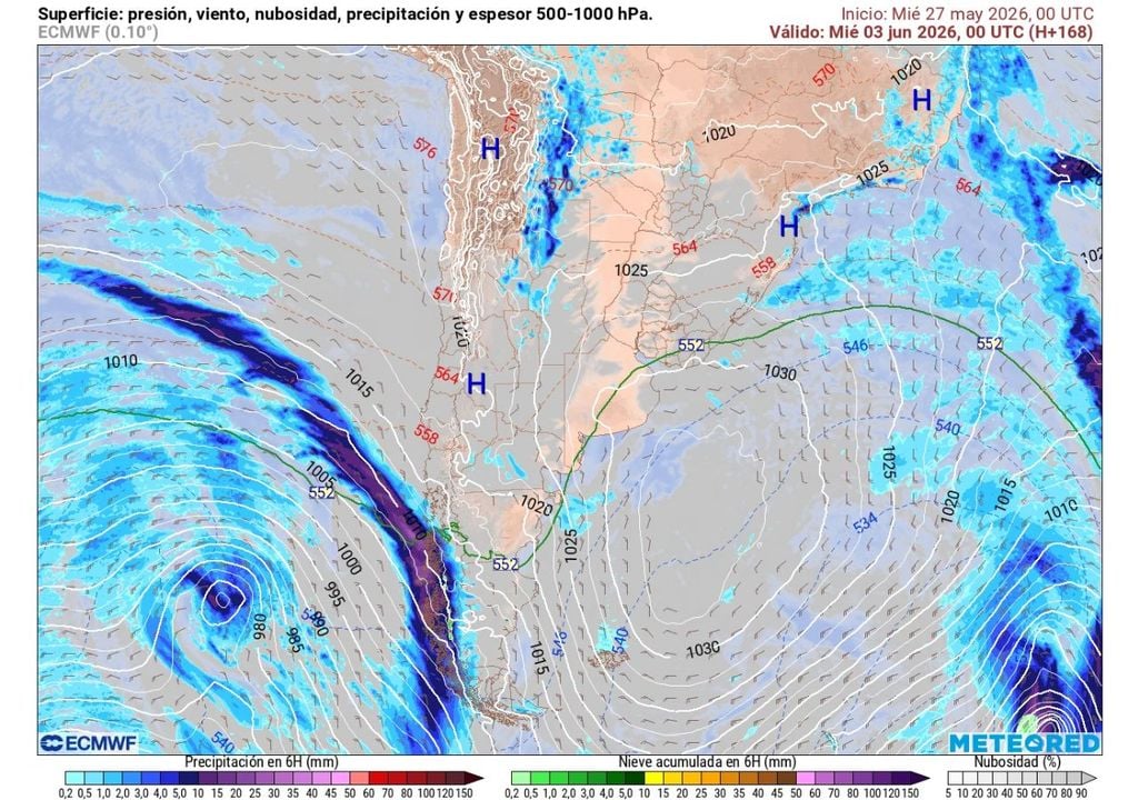 Para el evento del miércoles y jueves, el modelo europeo simula un sistema frontal frío de gran extensión, discrepando de la solución planteada por el modelo norteamericano.