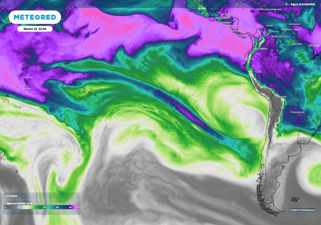 agua precipitable prevista Desde la Polinesia será transportado el vapor que incrementará las precipitaciones a los largo y ancho de varias regiones.