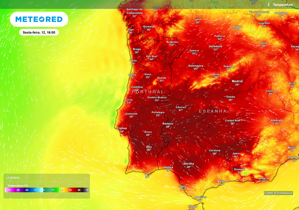 Temperaturas máximas previstas para sexta-feira, 12 de junho Os valores poderão ultrapassar os 35 ºC em várias regiões do interior de Portugal continental.