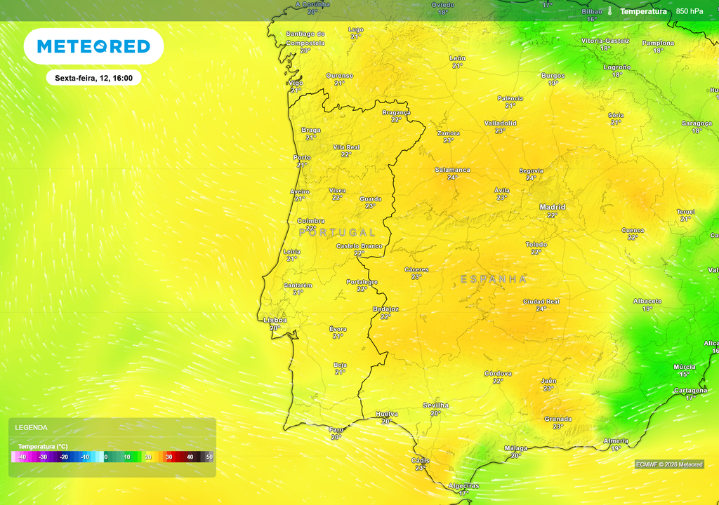 Temperatura prevista a 850 hPa para sábado, 13 de junho A massa de ar subtropical poderá elevar os valores para 22 a 24 ºC a cerca de 1500 metros de altitude.
