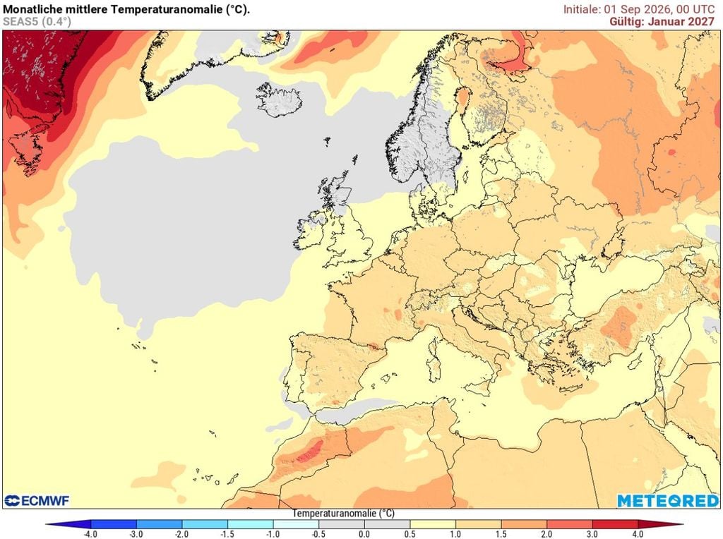 wetter, januar 2027, ecmwf Die Europaprognose für den Januar 2027. Das könnte eine recht milde Angelegenheit werden - zumindest nach dem aktuellen europäischen Wettermodell ECMWF.