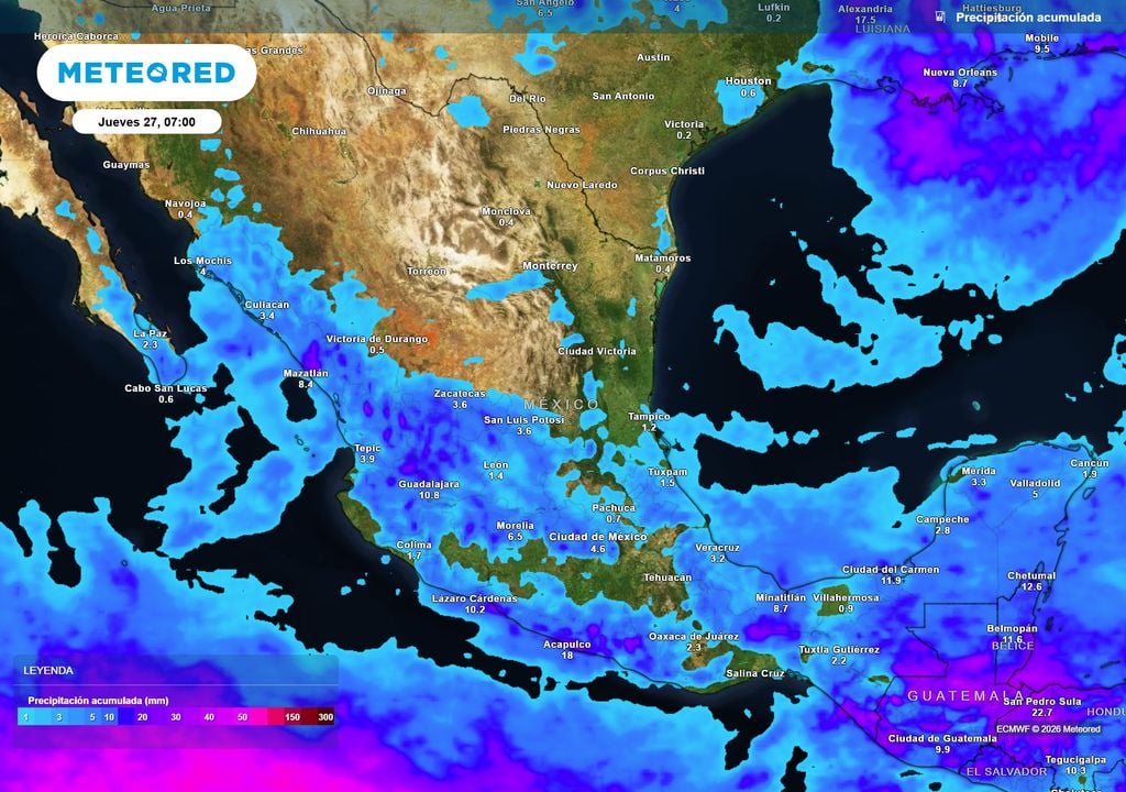 Lluvias y tormentas más dispersas se prevén esta tarde-noche sobre el occidente, centro, sur, oriente y sureste de 20-50 mm. Algunas granizadas y viento estarán vigentes.