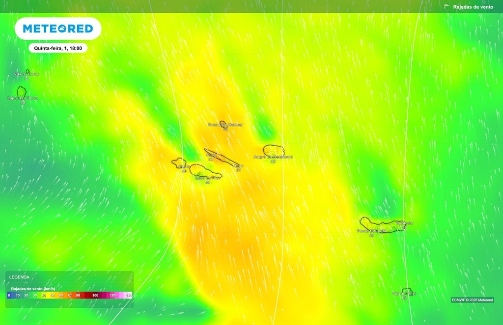 O ECMWF projeta rajadas próximas a rondar os 40/50 km/h no Grupo Central durante a tarde de quinta-feira à medida que os efeitos dos remanescentes de Hanna começam a fazer-se sentir.