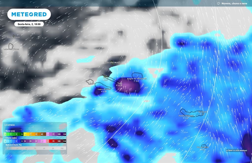 Os remanescentes do sistema pós-tropical deverão favorecer períodos de chuva moderada a forte na sexta-feira, sobretudo nos Grupos Central e Oriental.