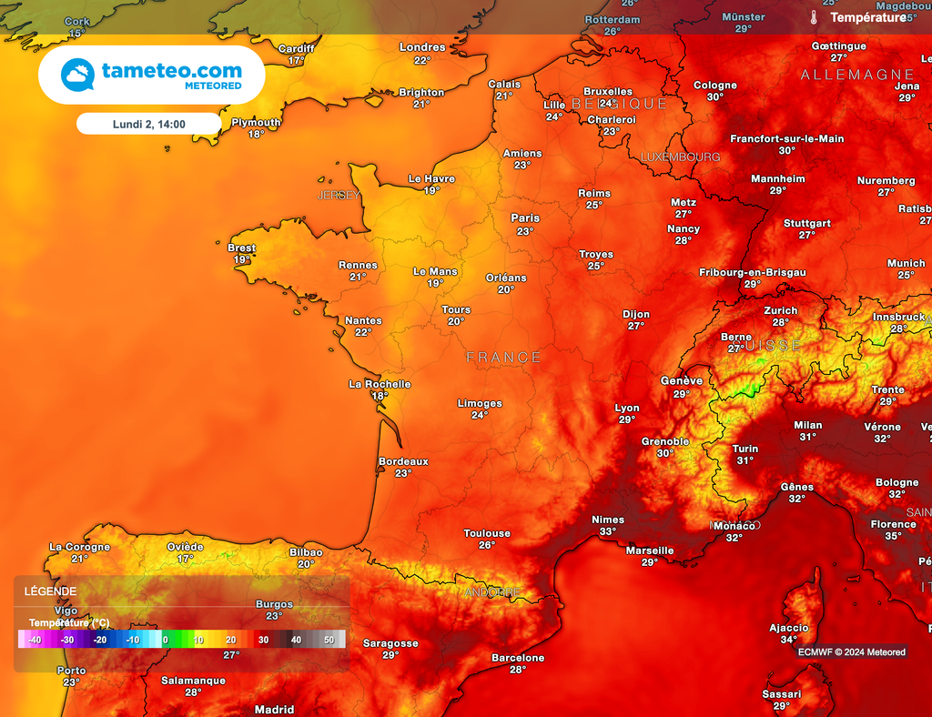 Les fortes chaleurs ne concerneront que peu de zones. Contraste parfois important entre l'ouest et l'est.