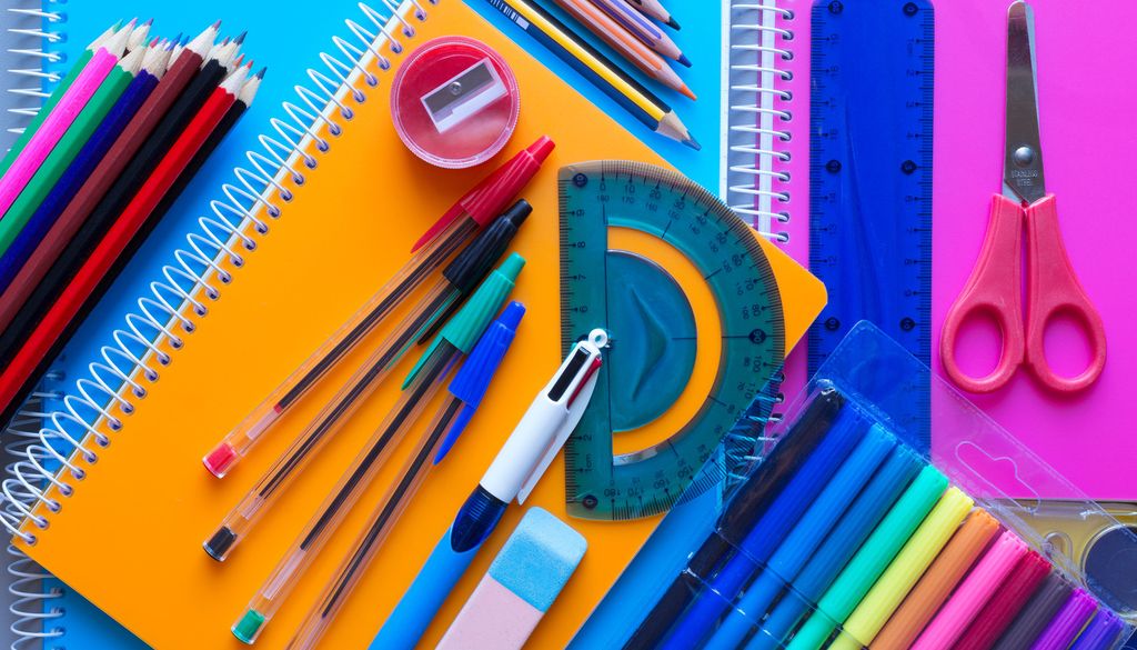 Fourniture scolaire rentrée ciseau cahier stylo crayon école feutre règle