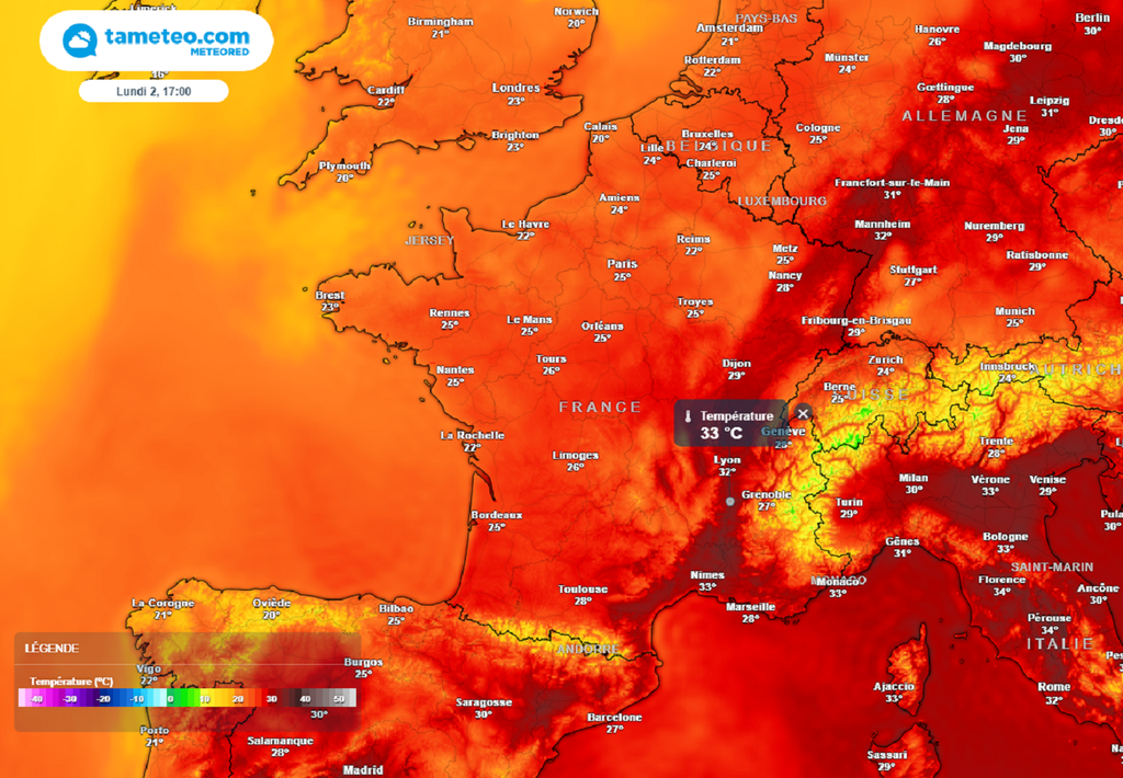 Les températures seront homogènes aux heures les plus chaudes, souvent autour de 25 à 28°C avec des pointes à plus de 30°C de l'Alsace à la Méditerranée.