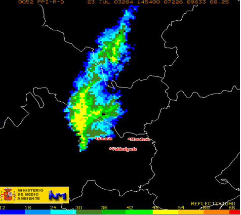 FIG.2 Imagen radar PPI de Reflectividad Doppler 14:54 UTC del radar de Zaragoza. FIG.2 Imagen radar PPI de Reflectividad Doppler 14:54 UTC del radar de Zaragoza.
