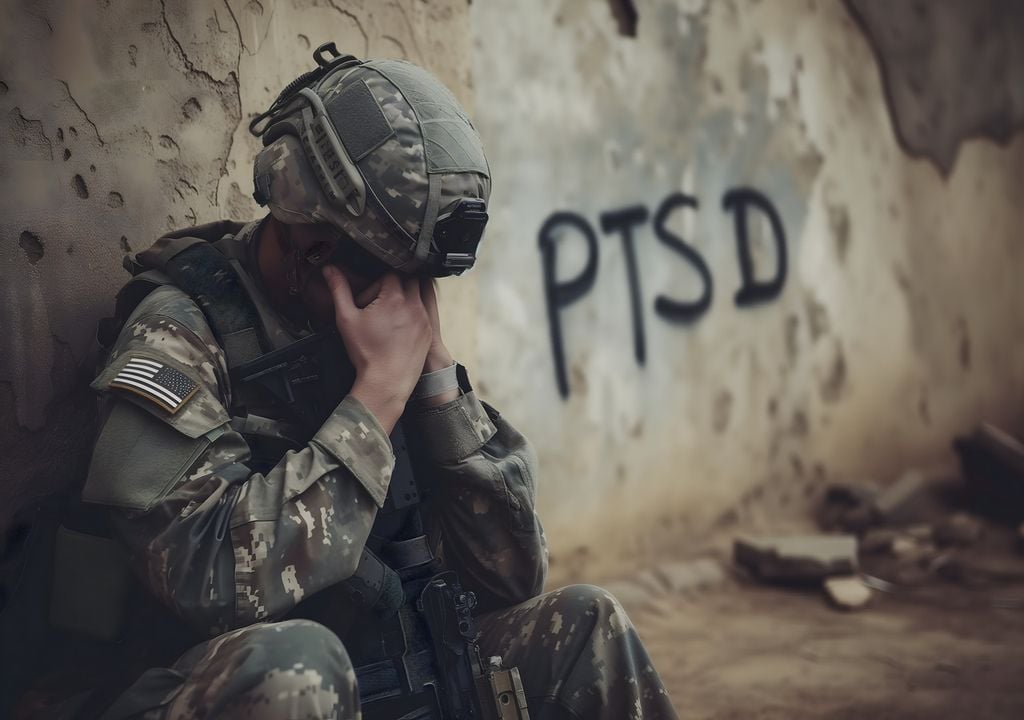 soldado sentado, apoyado en una muralla con las letras P T S D, y con sus manos cubriendo el rostro