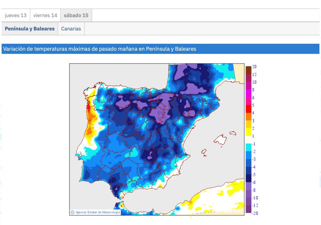Variación de temperatura máxima en 24 horas prevista por la AEMET entre el viernes y sábado.