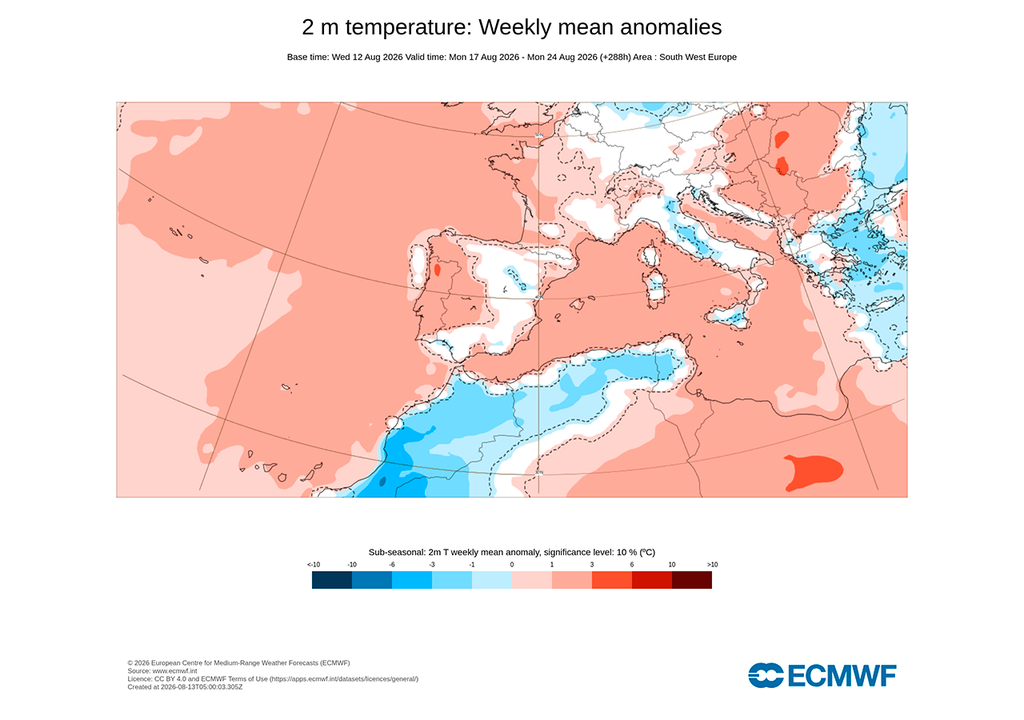 Anomalía semanal de temperatura prevista por el modelo europeo entre el 17 y 24 de agosto.