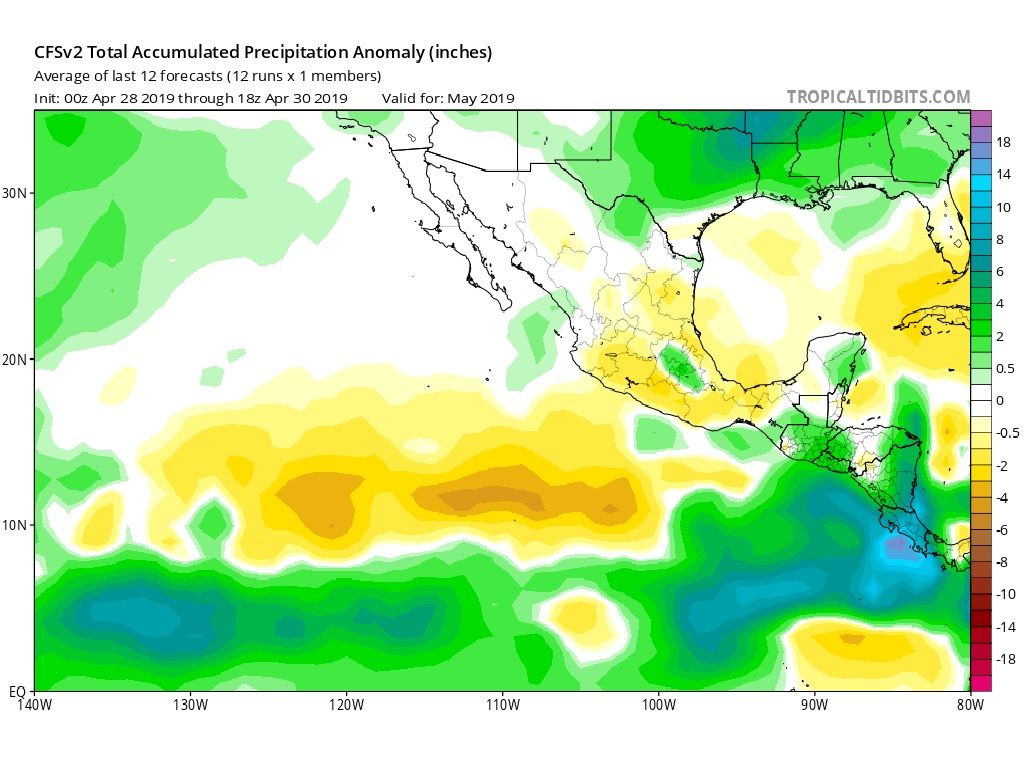 Modelo climático CFSv2 de anomalía de precipitaciones