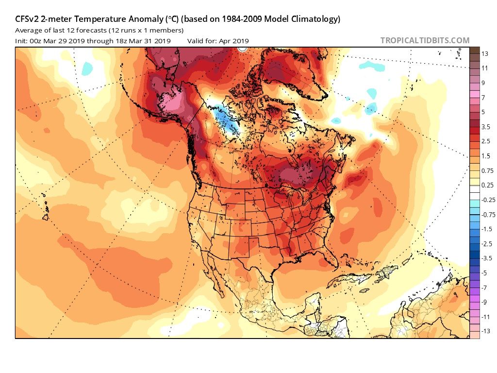 Modelo CFSv2 de anomalías térmicas.