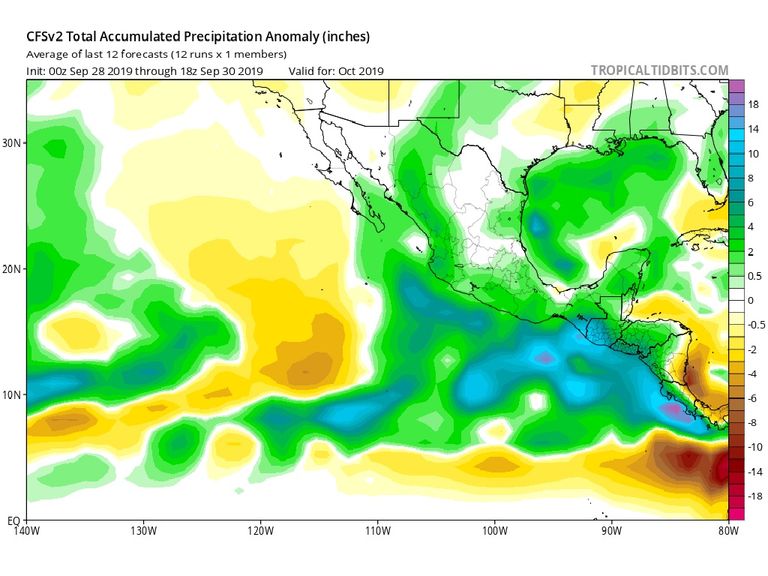 Modelo CFSv2 anomalía de precipitaciones de octubre Modelo CFSv2 anomalía de precipitaciones de octubre