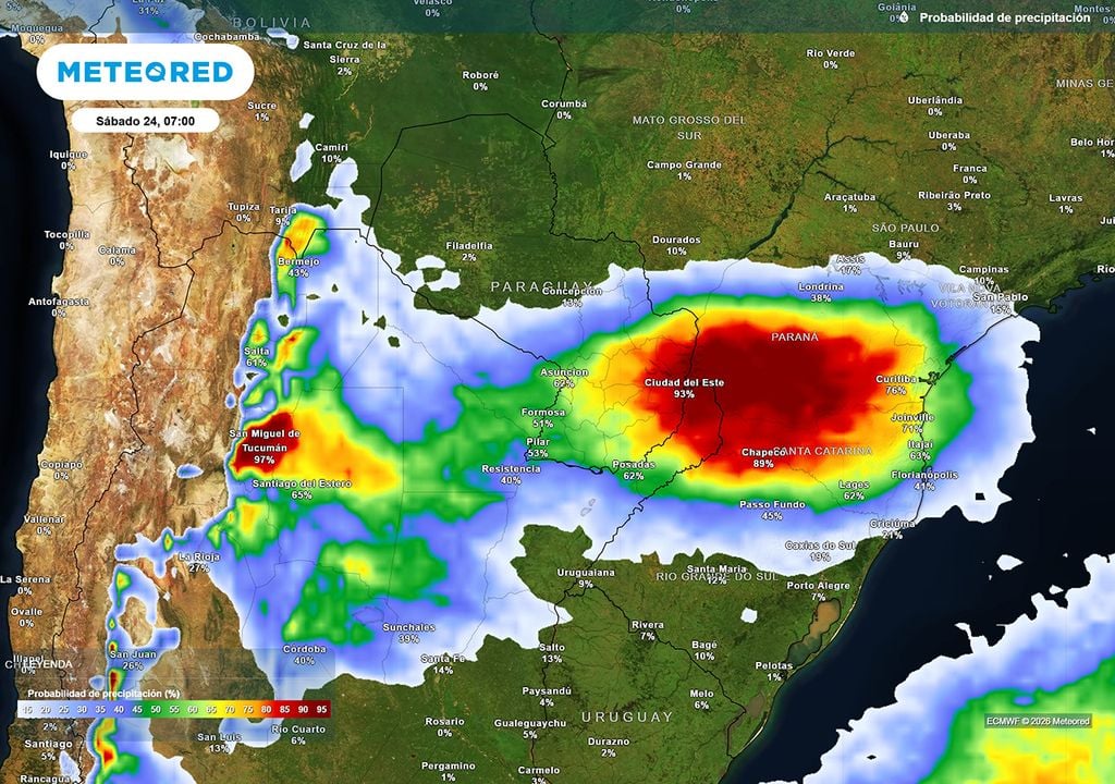 Pronóstico, Clima, Tiempo, Argentina Probabilidad de precipitaciones durante el próximo sábado según mapas propios basados en nuestro modelo de confianza ECMWF