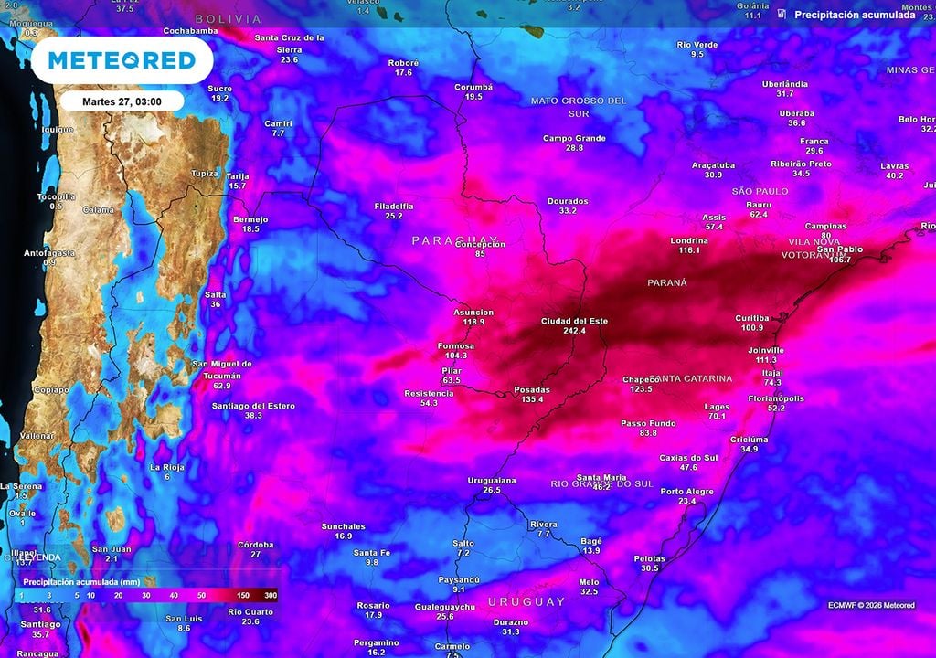 Pronóstico, Clima, Tiempo, Argentina Acumulados de lluvia previstos hasta el próximo martes según nuestro modelo de referencia ECMWF