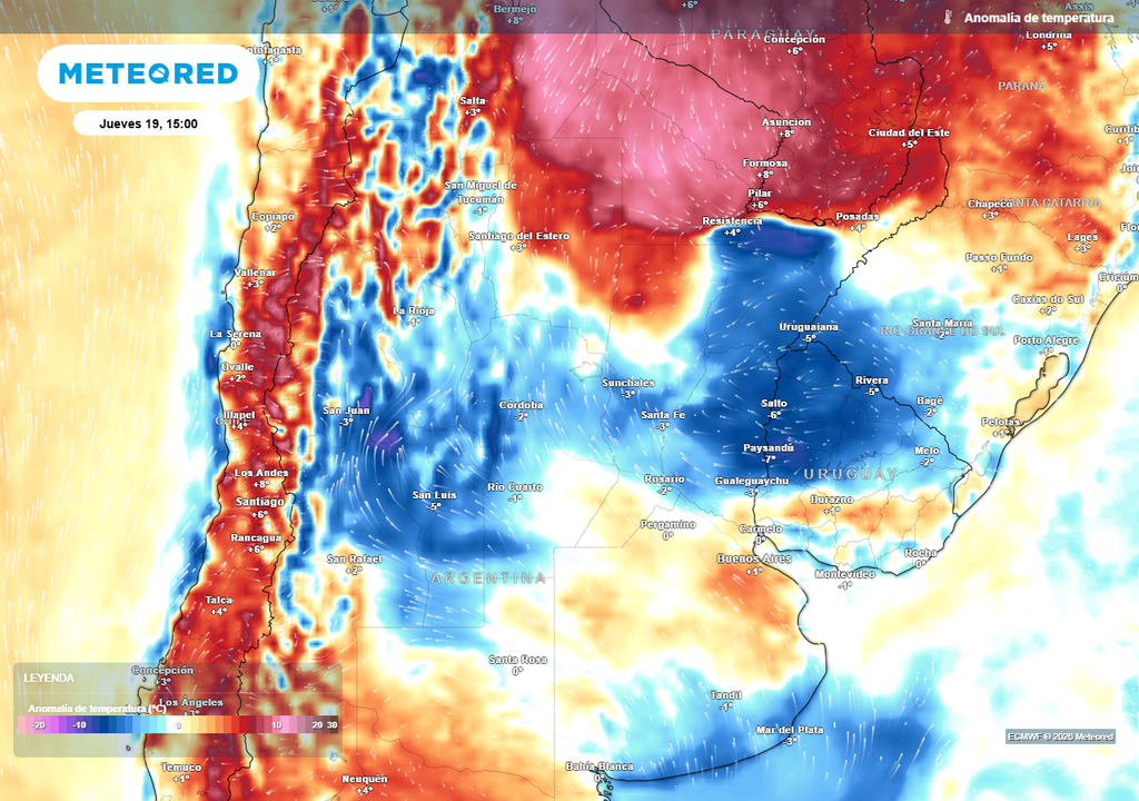 Anomalía de temperatura prevista para el próximo jueves según el modelo ECMWF